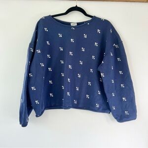 Vintage XL Navy Blue Embroidered Anchor Cropped Sweatshirt Coastal Preppy